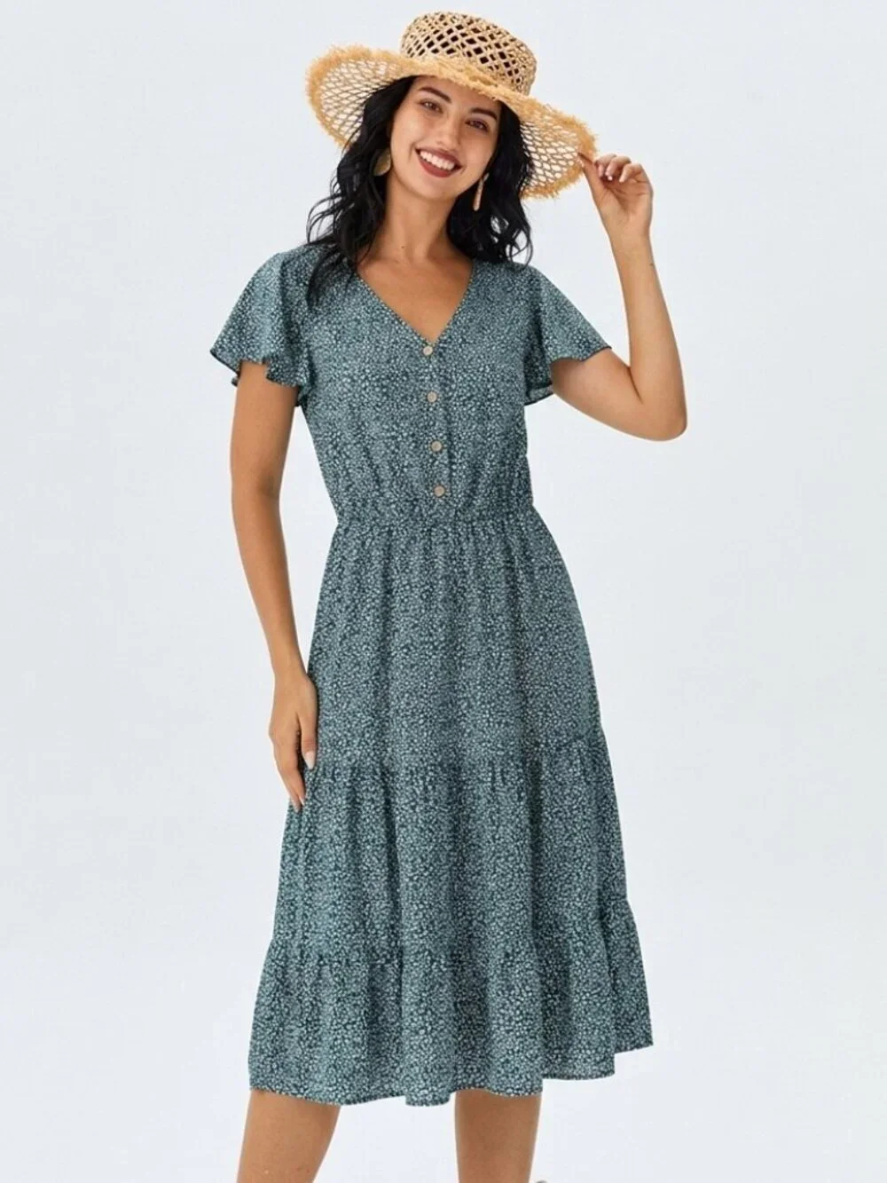 NWOT Teal Peasant V-Neck Boho Floral Ruffled Hem Wooden Button Midi Dress